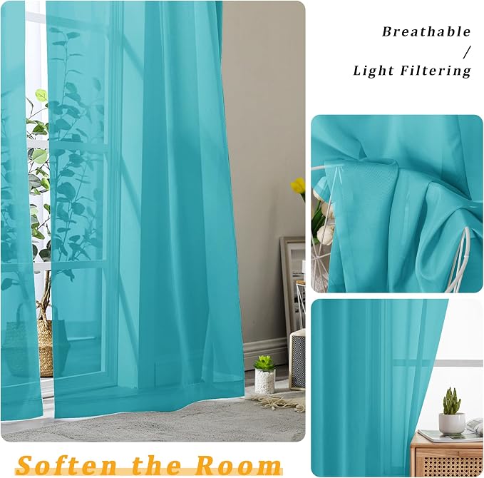 Gwine Turquoise Sheer Curtains 90 Inches Long 2 Panels Set, Light Filtering - Image 3