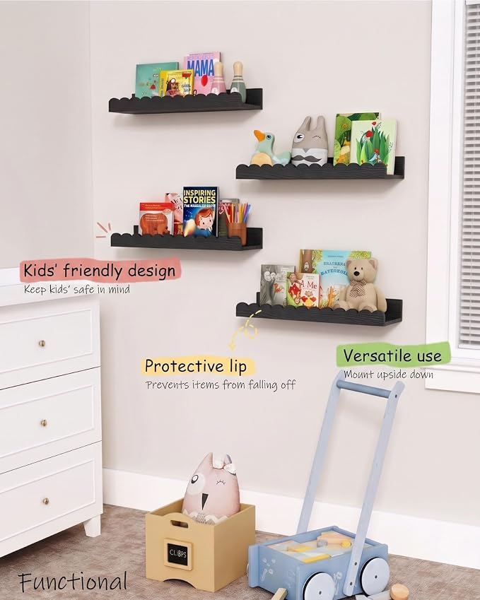 Harwaya Black Floating Nursery Wall Book Shelves Set of 4, Scalloped Shelves - Image 3