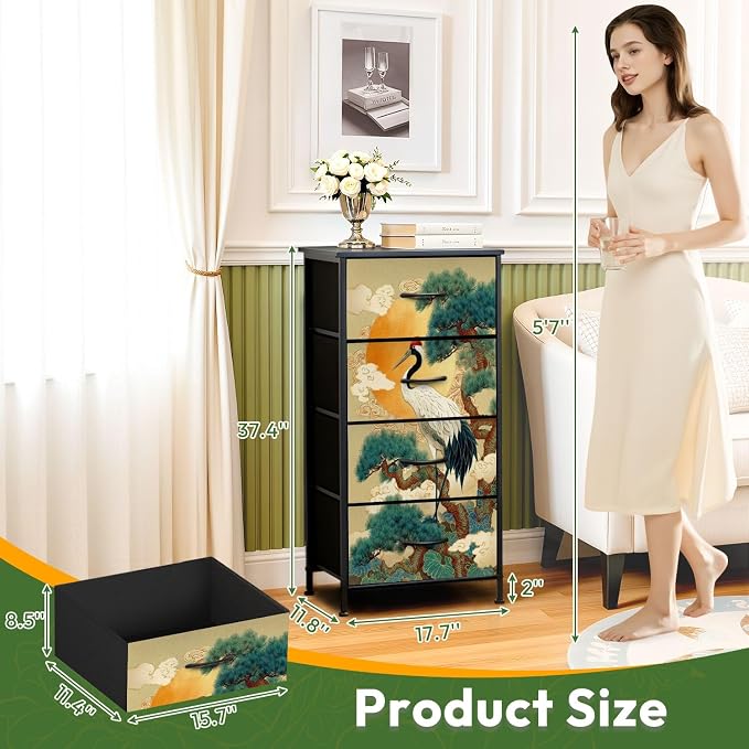 Dresser for Bedroom Japanese Crane Pine Tree Red Sun Clouds Traditional Art - Image 3