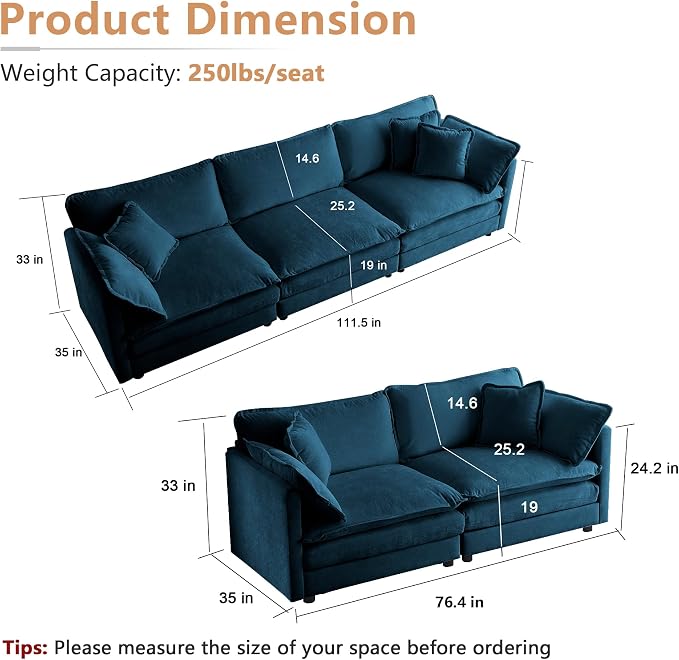 mikibama Luxury Oversized 3 Piece Sofa Set, 2 Pieces of 2 Seater and 1 Piece of - Image 2
