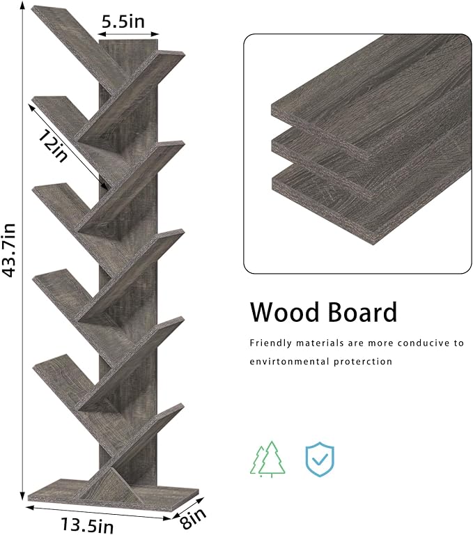 SHEEPAM 10 Tier Tree Book Shelf, Floor Standing Wood Bookshelf - Image 3