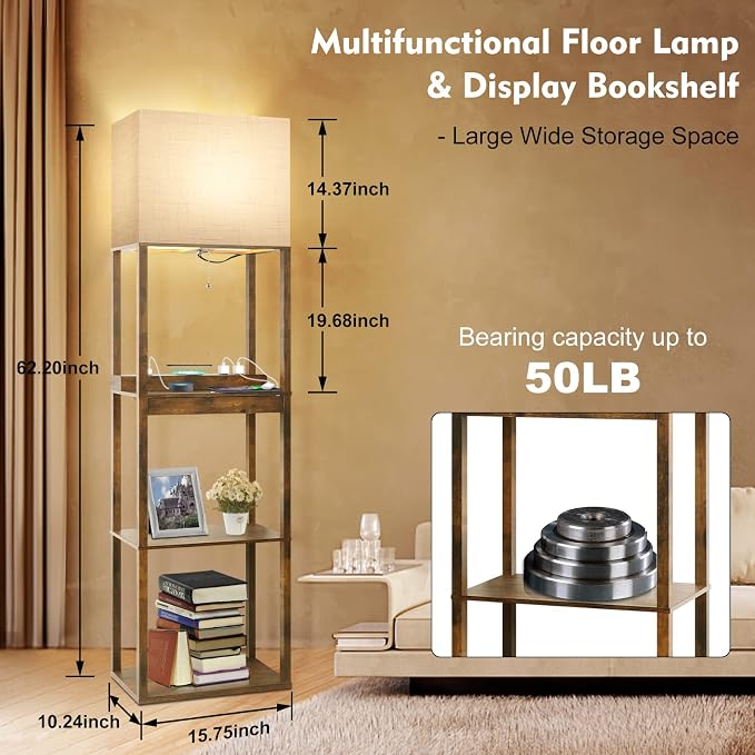 RUNTOP Floor Lamp with Shelves, Plus Shelf Lamp with Wireless Charger, 2 USB - Image 5