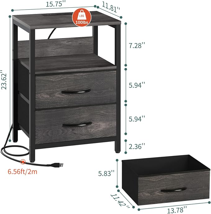 Yoobure Nightstand with Charging Station, Small Night Stand with Fabric Drawers - Image 3