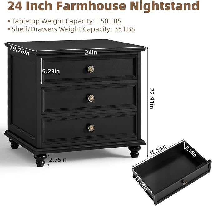 Joaxswe 24" Wide Farmhouse Night Stand Set of 2, Large End Table - Image 3