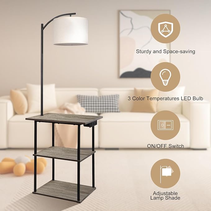 PESRAE Floor Lamp with Tables, End Table with Charging Station, 3 Color - Image 4