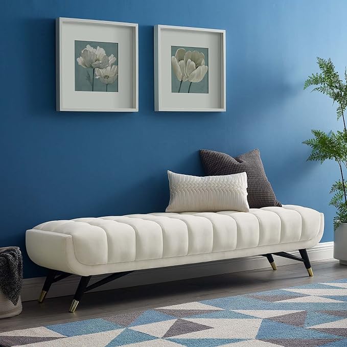 Modway Adept Mid-Century Modern Velvet Upholstered Tufted Accent Bench in Ivory - Image 7