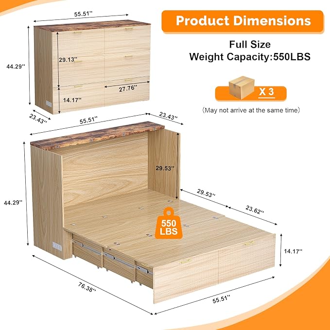 VINGLI Full Murphy Bed with Storage Drawer, 2 Charging Station, Fluted Wooden - Image 3