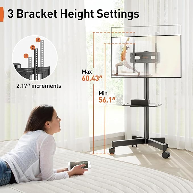 Perlegear Rolling TV Stand for 23-60 Inch LED Flat Screen/Curved TVs up to 88lbs - Image 4