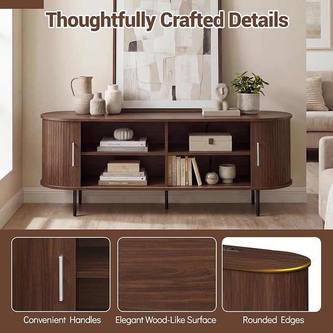 Tangkula Fluted TV Stand for TVs up to 60”, Mid Century Curved Entertainment - Image 9