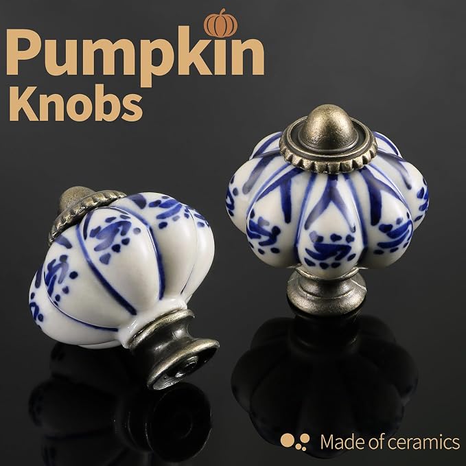 Ivory & Deep Blue Pumpkin Knobs 2 Pack Ceramic Cabinet Knobs Vintage Drawer - Image 5