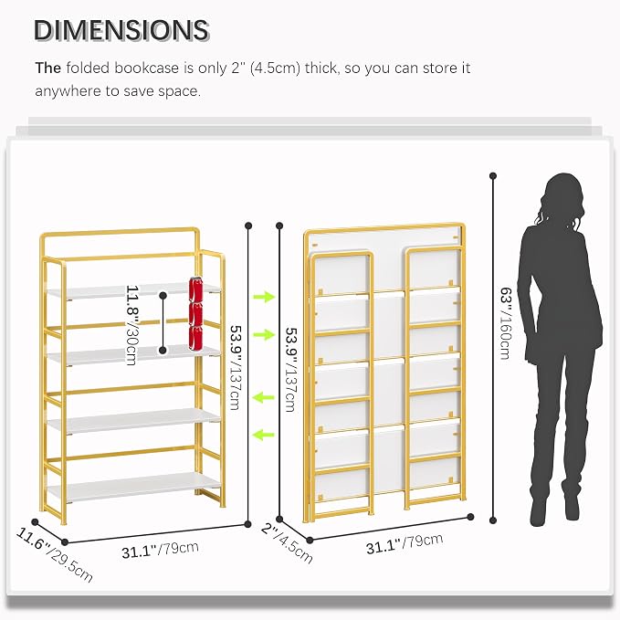 4NM No Assembly Extra Wide 4 Tiers Folding Bookshelf Storage Shelves Vintage - Image 2