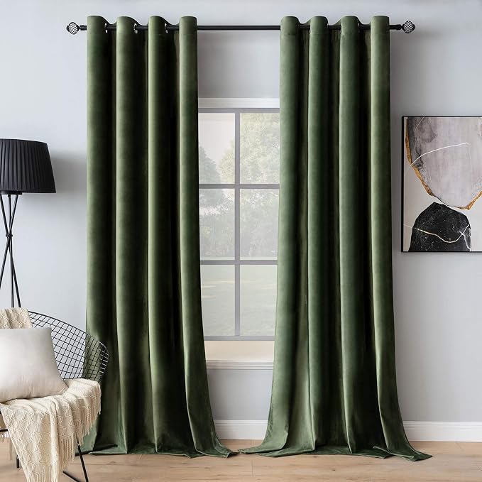 MIULEE 90 Inches Velvet Curtains Olive Green Elegant Grommet Curtains Thermal by MIULEE