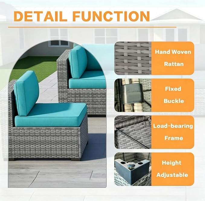 MOCHITO 7 Pieces Outdoor Patio Furniture Sets, All-Weather Sectional Sofa Grey - Image 6