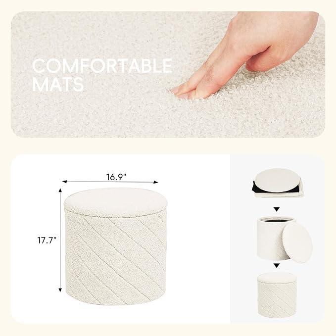 PINPLUS Ottoman with Stroage Round Boucle Ottoman and Tray Sherpa Removable - Image 3