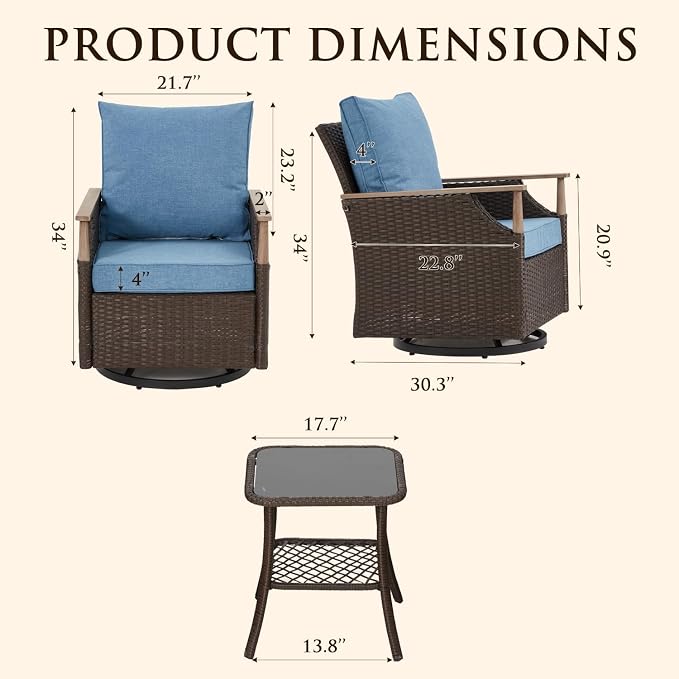 MELLCOM Patio Furniture Set of 3, Wicker Swivel Glider Chairs - Image 2