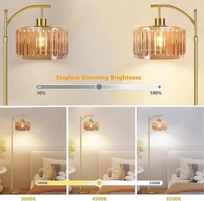 QIYIZM Glass Floor Lamp for Living Room, Mid Century Modern Brass Tall Lamp - Image 2