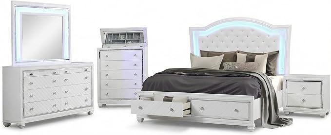 First of a Kind Shiney Contemporary 5 Piece King Bedroom Set High Gloss White - Image 2