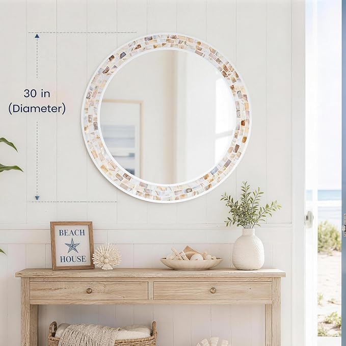 Tanmicoshomy Round Wall Mirror 30 Inch, Natural Brown Shell Framed Circle - Image 5