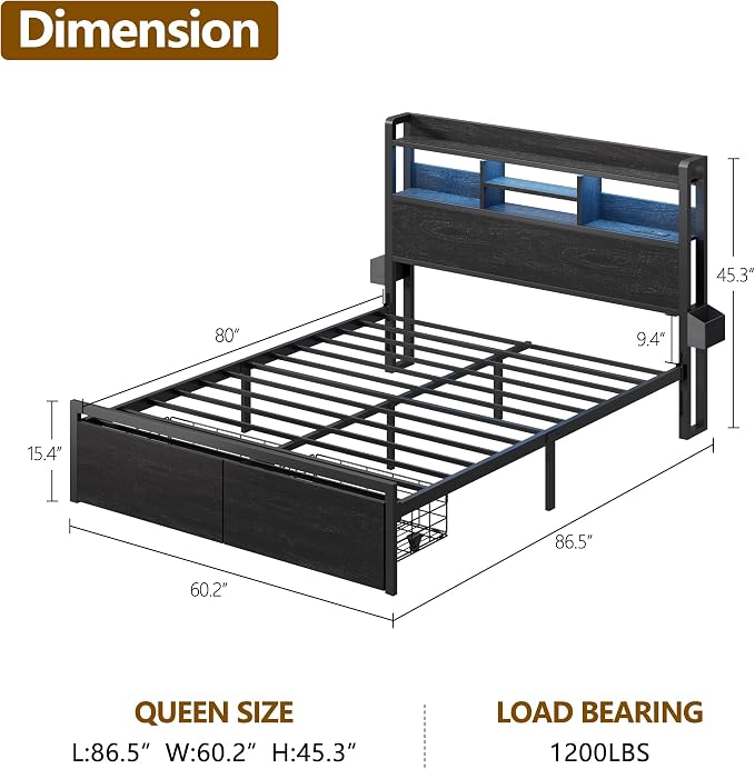 Furnulem Queen Bed Frame with Wood Headboard and Storage Shelf, Metal Platform - Image 2