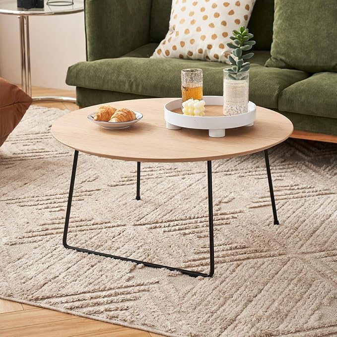 Modern Round Coffee Table 32 in, Acacia Wood Finish Living Room Table - Image 5