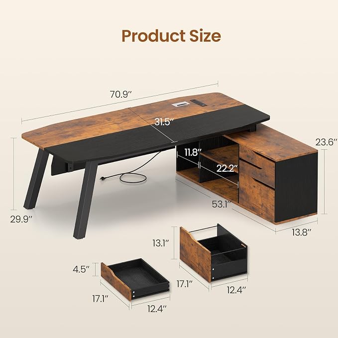 SEDETA 71" Executive Desk with File Cabinet, Large Office Desk with Drawers and - Image 2