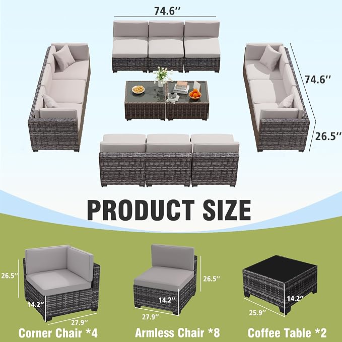 KIGOTY Patio Furniture Set, 14 Pieces Modular Outdoor Sectional Sofa, PE Rattan - Image 2