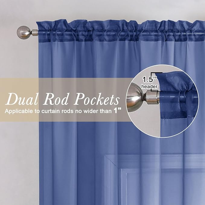 Lecloud Royal Blue Sheer Curtains 84 Inches Long 2 Panels Set, Elegant Rod - Image 2