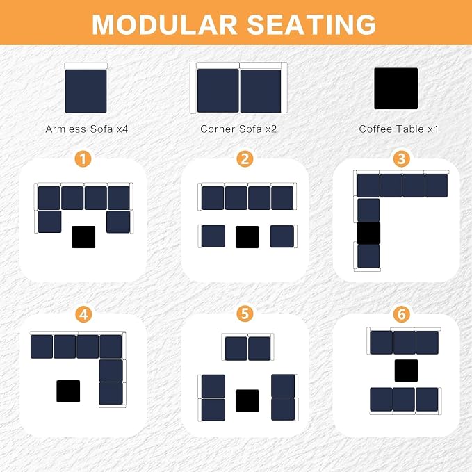 MOCHITO 7 Pieces Outdoor Patio Furniture Sets, All-Weather Sectional Sofa Grey - Image 7