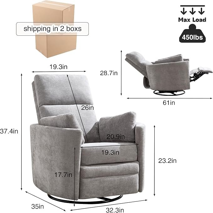 Manual Recliner 360°Swivel Glider Rocking Chair, Upholstered Nursery Adult - Image 2