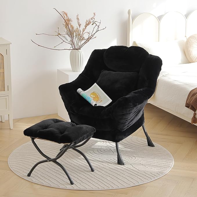 Lazy Chair with Ottoman, Large Black Accent Chair with Ottoman and FA Throw - Image 2