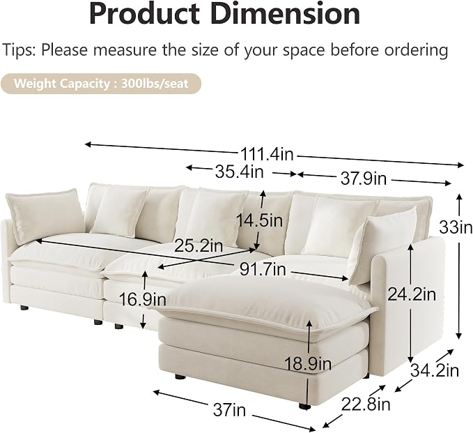 mikibama Modular Sectional Sofa, 111.5 Inch L Shaped Couch Set - Image 2