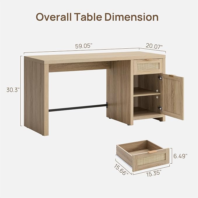 SICOTAS Rattan Home Office Desk, 2 Pieces 59" Boho Executive Desk - Image 2