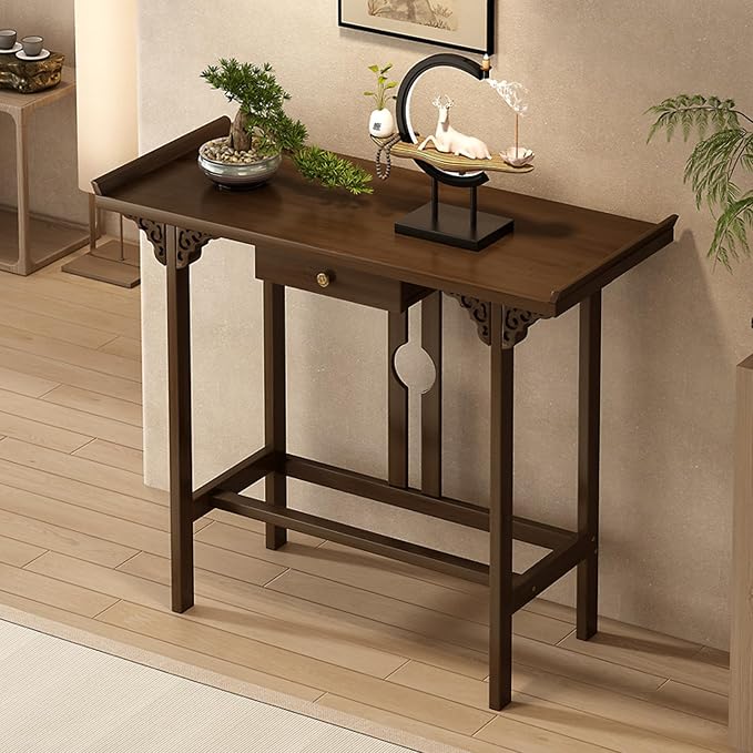 Bamboo Console Table with Drawer, Small Sofa Tables with Open Shelf, Chinese by RUYICZB
