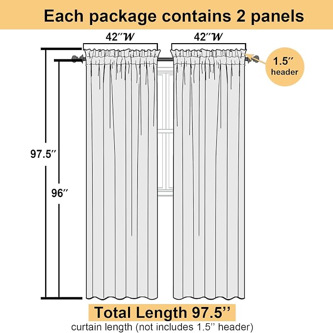 Lecloud Lemon Sheer Curtains 96 Inches Long 2 Panels, Solid Voile Dual Rod - Image 3