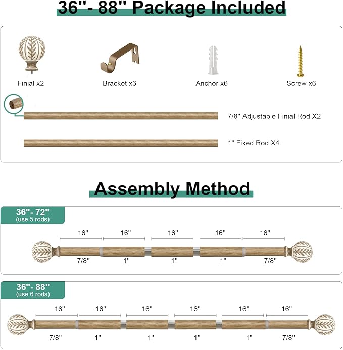QDWIS Boho Wood Curtain Rods for Windows 48 to 84 inch, Rustic Decorative - Image 8
