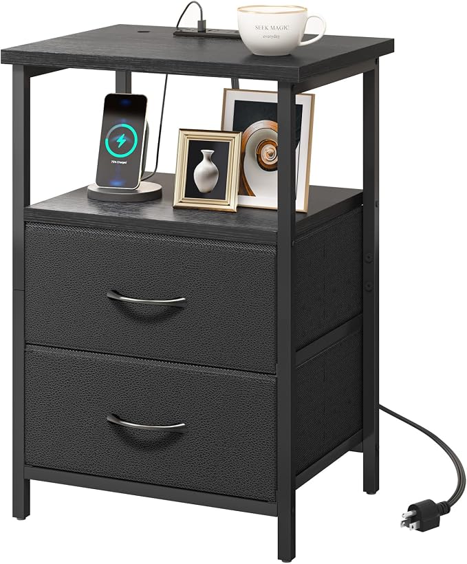 Fixwal Black Night Stand with Charger Station, Nightstand with Charging Station by Fixwal