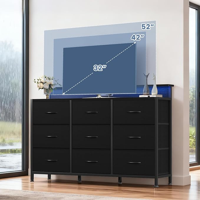 DUMOS TV Stand Dresser with 9 Fabric Drawers and Open Shelves, Entertainment - Image 2