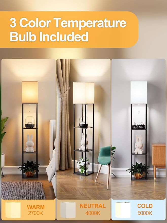 Floor Lamp with Shelves for Living Room, Shelf Floor Lamp with 3 CCT LED Bulb - Image 2
