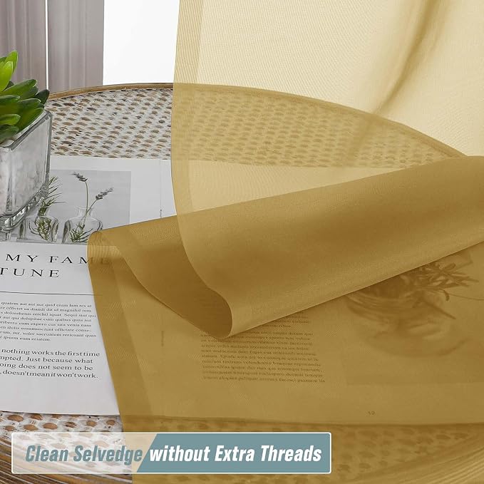 Gold Sheer Curtains for Window 72 inches Long 2 Panels Set, Soft Airy Modern - Image 2