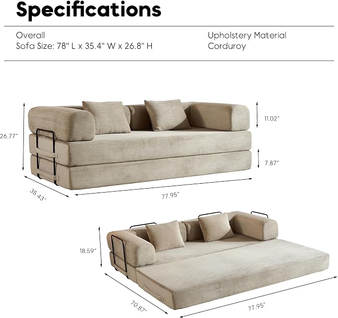 ZEIINPA Corduroy Floor Sofa Bed, Convertible Folding Couch Bed - Image 2