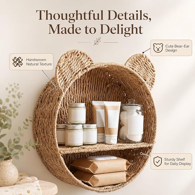 Woven Wall Basket Shelf Bear Nursery Decor — Boho Handwoven Hanging Wall Decor - Image 5