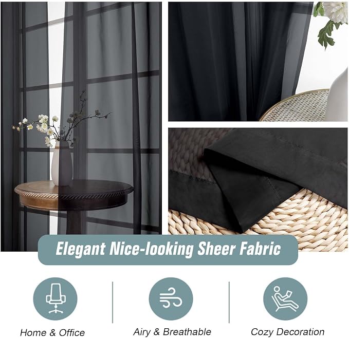 Black Sheer Curtains 90 Inches Long 2 Panels, Light Filtering Solid Sheer - Image 4
