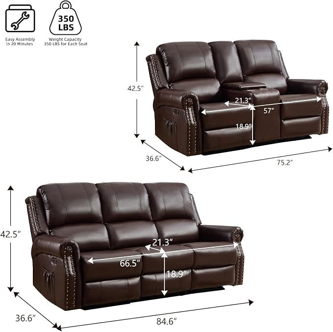 EBELLO 2 Pieces Power Reclining Sofa Set, Faux Leather Reclining Living Room - Image 2