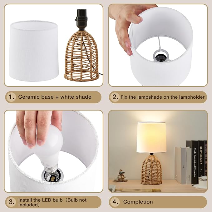 EJIAXIN Rattan Lamp Boho Lamps Set of 2-13.75" Mini Farmhouse Table Lamp Rustic - Image 7