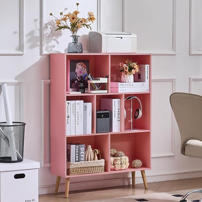 LEYAOYAO Cube Bookshelf 3 Tier Mid-Century Light Pink Modern Bookcase - Image 3