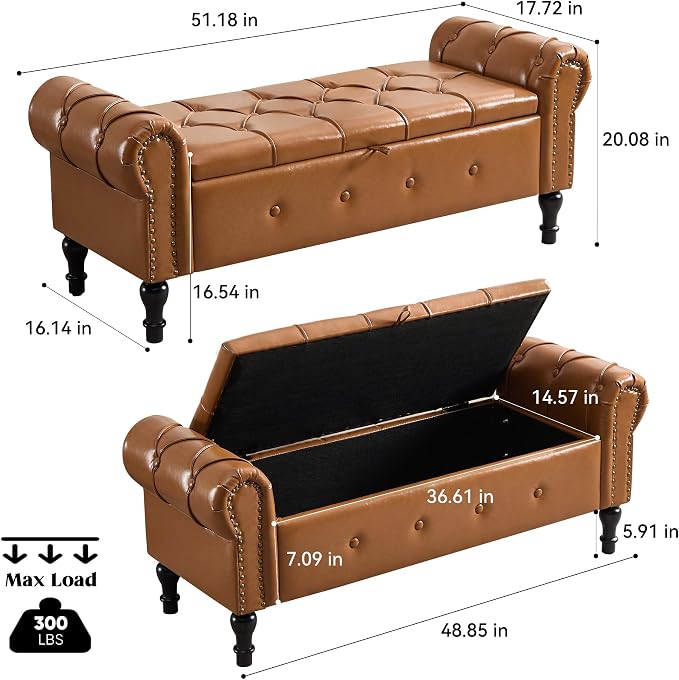 Storage Bench for Bedroom, Faux Leather 51" End of Bed Bench, Queen Size Bench - Image 2