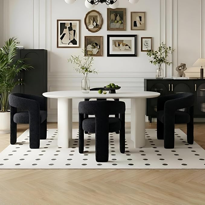 Black Dining Chairs Set of 4, Upholstered Sherpa Barrel Chairs by QUINJAY