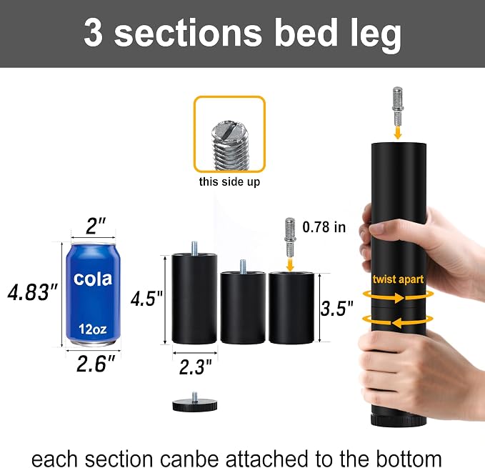 12 Inch Bed Legs Replacement for Adjustable Bed Base Frame, 3 in 1 Screw in Legs - Image 4