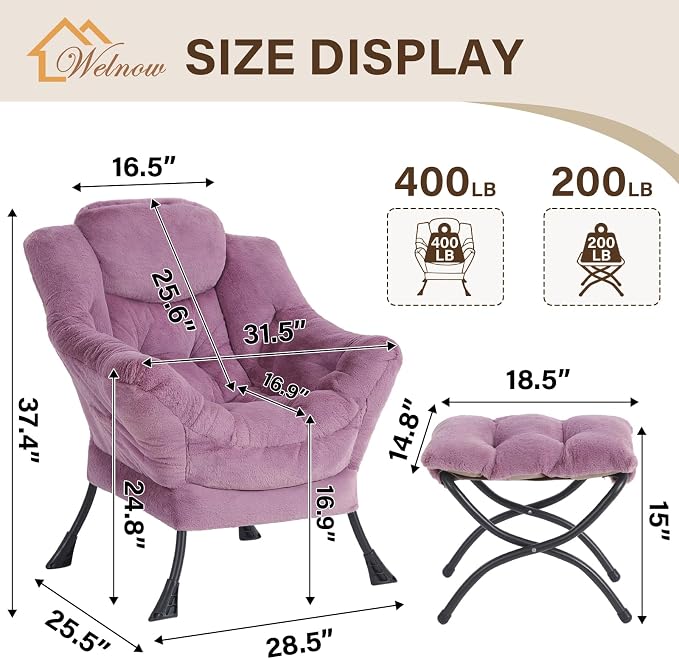 Welnow Lazy Chair with Ottoman, Modern Accent Chair with Armrests and a Side - Image 3