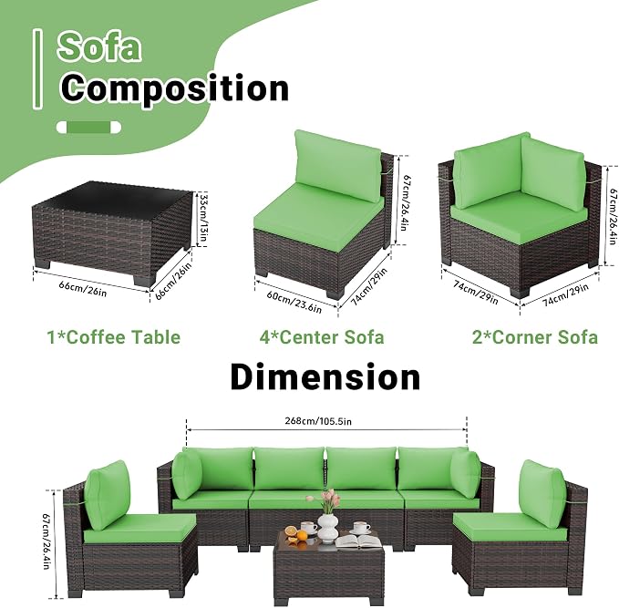 CHABATREE 7pcs Outdoor Patio Furniture Sets, Rattan Conversation Sectional Set - Image 2